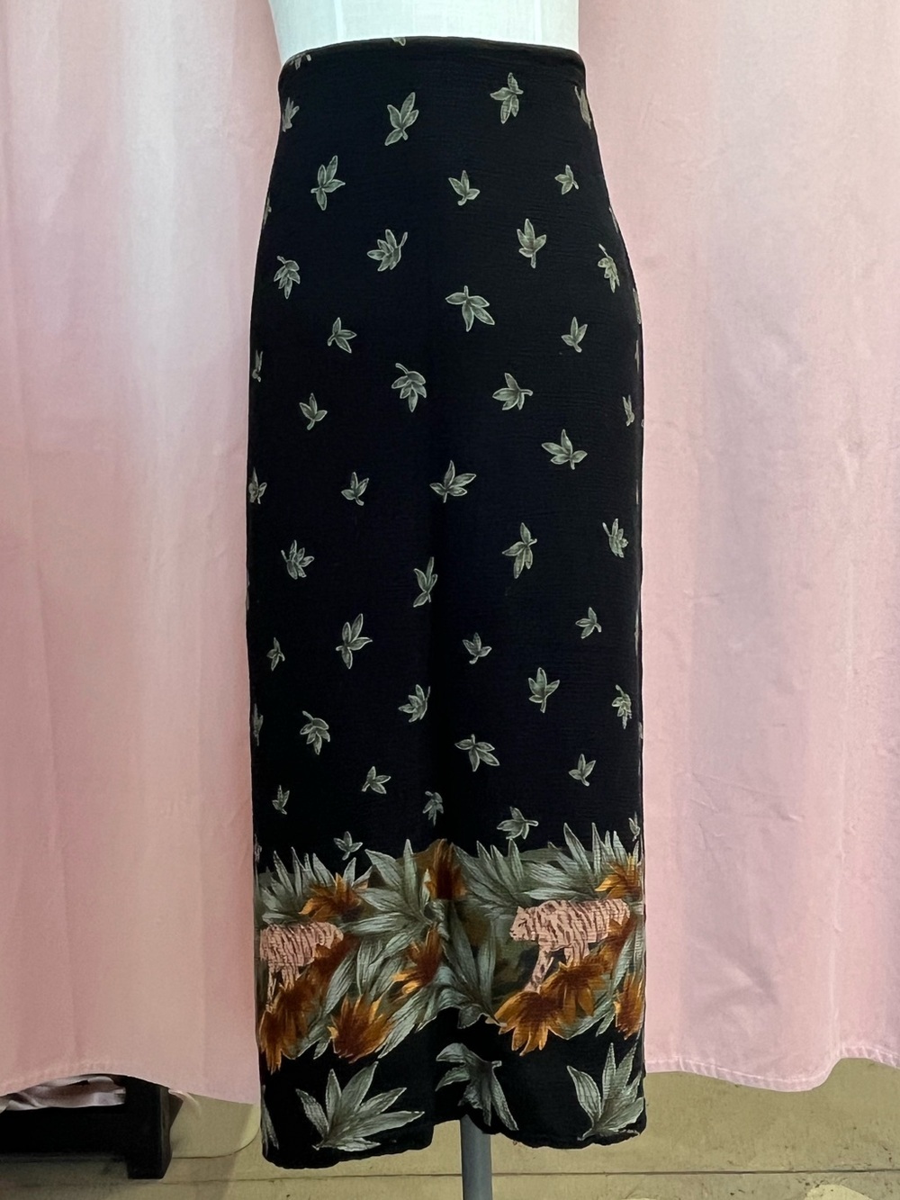Vintage Brody Myles Black Floral Border Print Midi Skirt Size 18